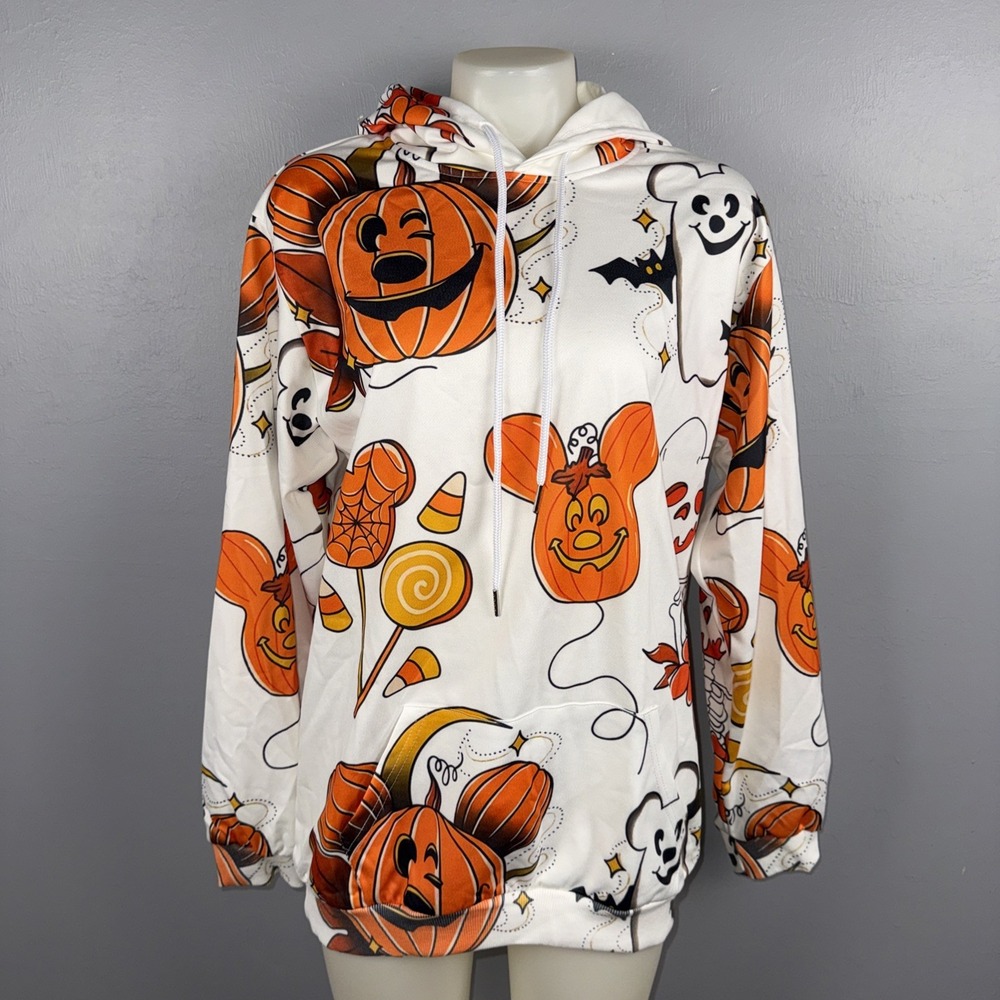 Aloha Mickey Mouse Shapes Halloween Hoodie Medium White Orange Pumpkins